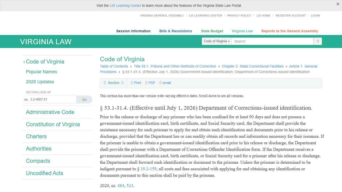 § 53.1-31.4. (Effective July 1, 2026) Government-issued identification; Department of Corrections-issued identification