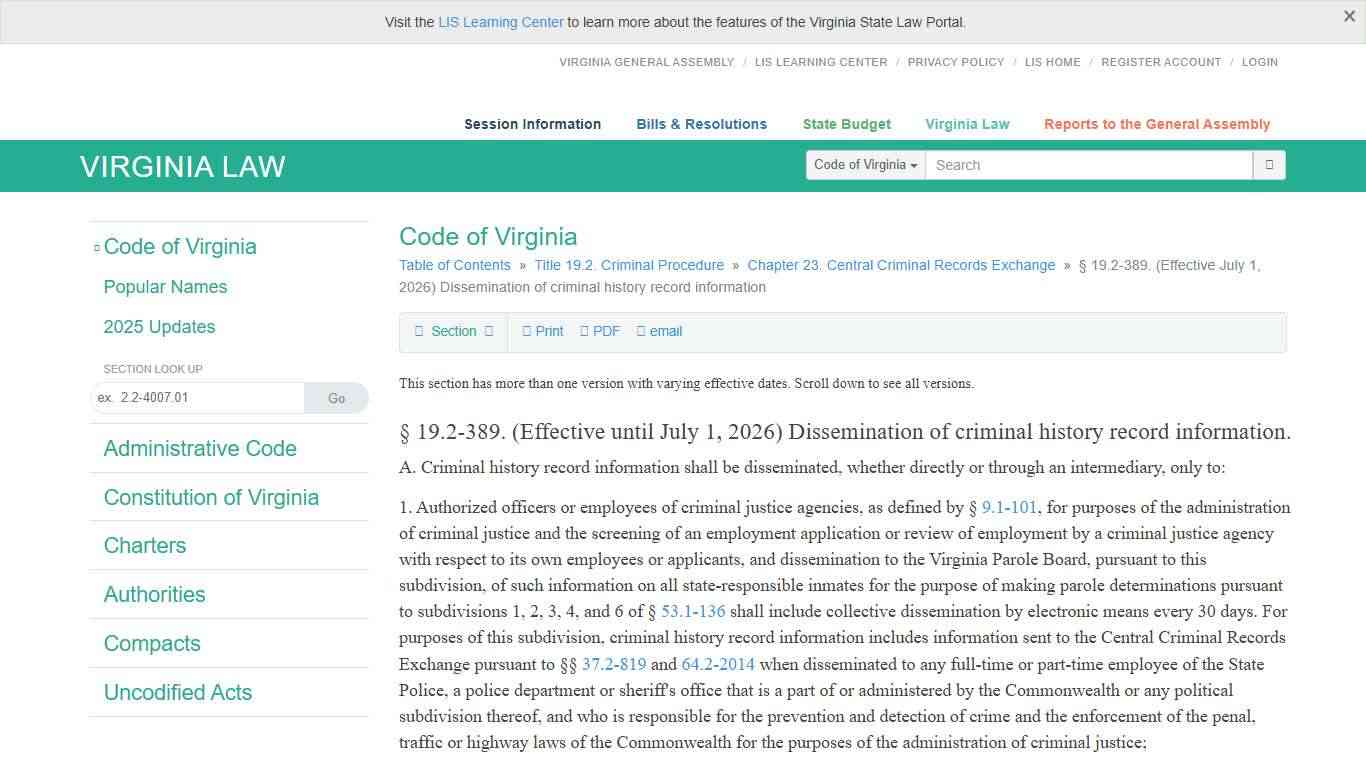 § 19.2-389. (Effective July 1, 2026) Dissemination of criminal history record information