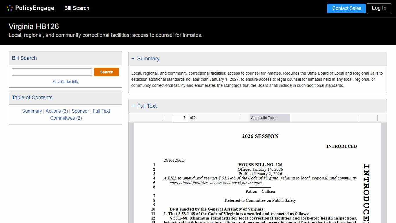 HB126 Virginia 2026 Local, regional, and community correctional facilities; access to counsel for inmates. - Legislative Tracking PolicyEngage